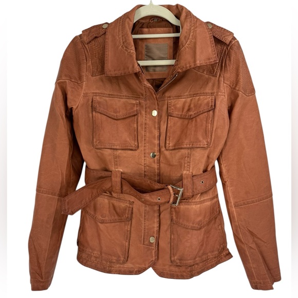 Bata Utility Moto Jacket Belted Rust Brown Safari Style Cargo Pockets Epaulet - Picture 7 of 14